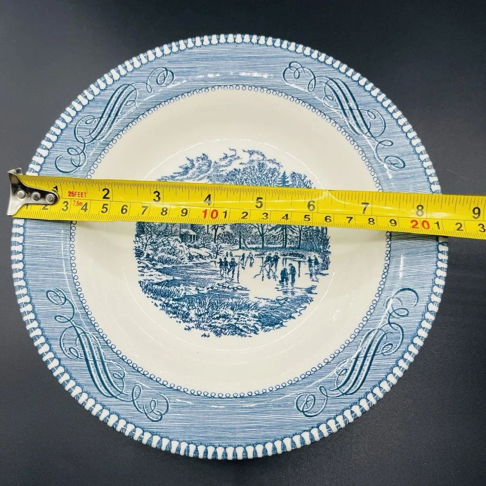 6 Currier & Ives Royal Blue 'Early Winter' Soup/Salad Bowls 8.5